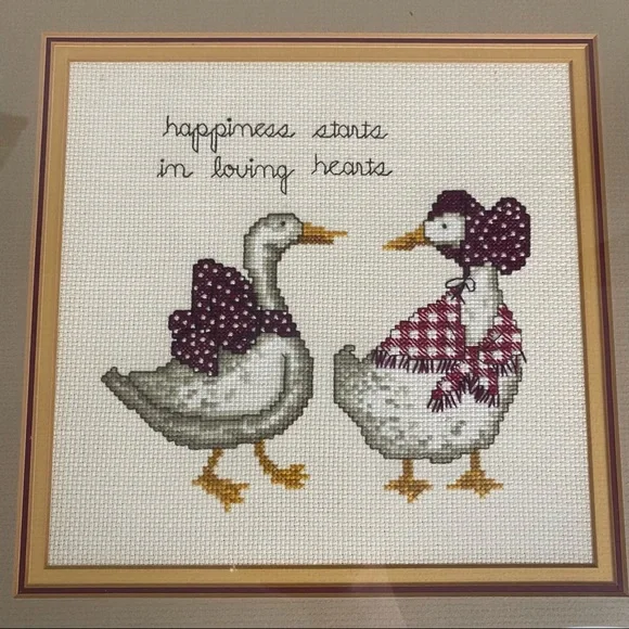 Vintage 1987 Goose Friendship Cross Stitch in Wood Frame - Picture 2 of 3